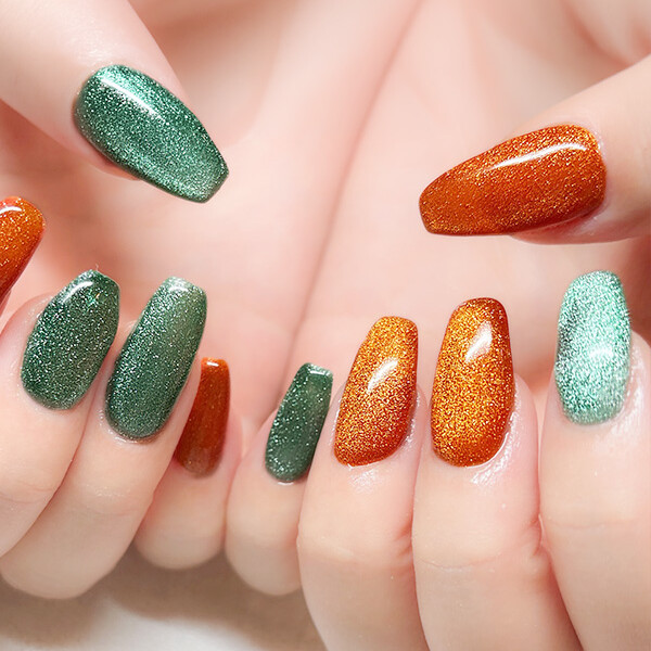 マグネットネイル グリーン&times;オレンジ カラフルデザイン