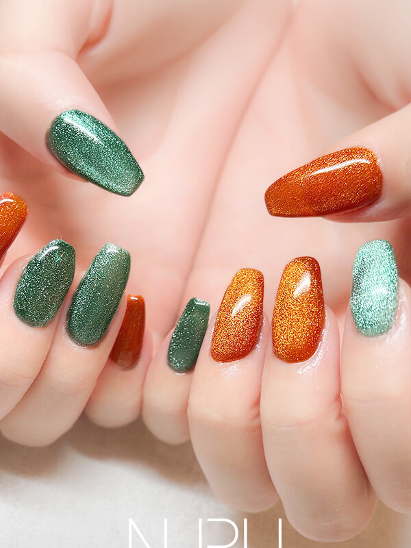 マグネットネイル グリーン×オレンジ カラフルデザイン