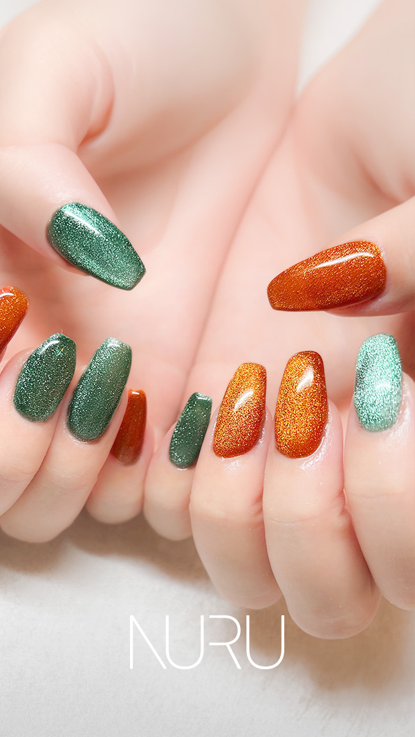 マグネットネイル グリーン×オレンジ カラフルデザイン
