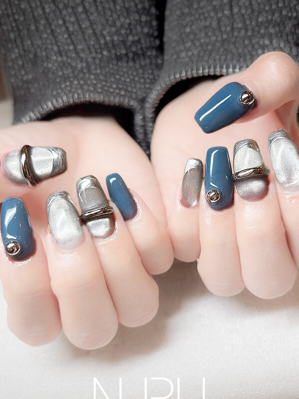マグネットミラーネイル シルバー×ブルー 3Dフレンチ