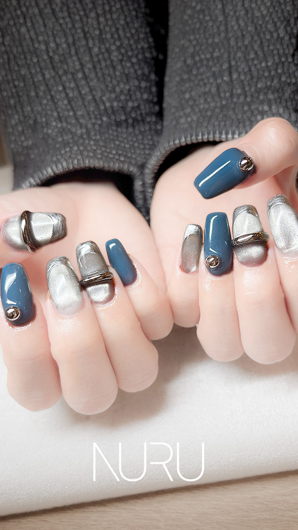 マグネットミラーネイル シルバー×ブルー 3Dフレンチ