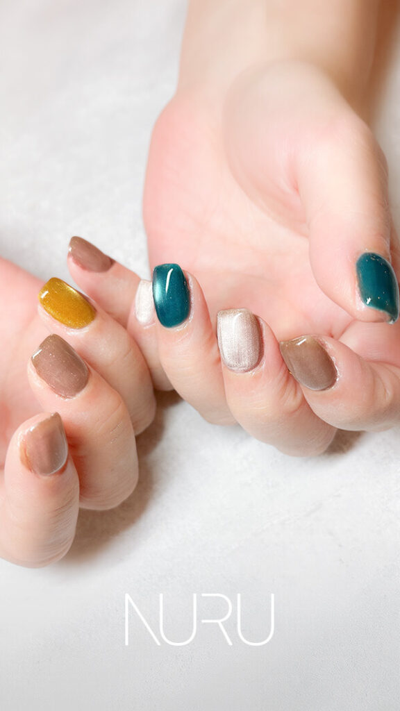 マグネットネイル ターコイズ×ベージュ×イエロー