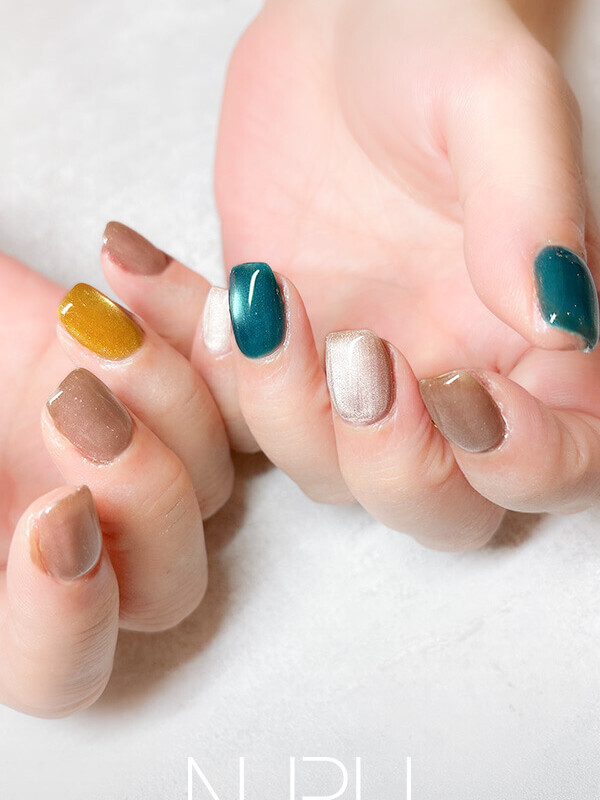 マグネットネイル ターコイズ×ベージュ×イエロー