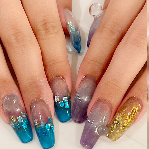 NURU NAIL エレガントネイル ブルー&times;パープル&times;ゴールド ホログラム&times;長さ出し