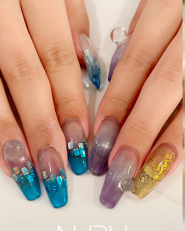 NURU NAIL エレガントネイル ブルー×パープル×ゴールド ホログラム×長さ出し