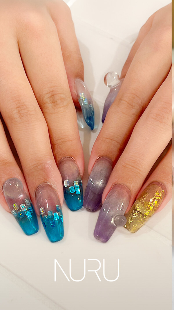 NURU NAIL エレガントネイル ブルー&times;パープル&times;ゴールド ホログラム&times;長さ出し