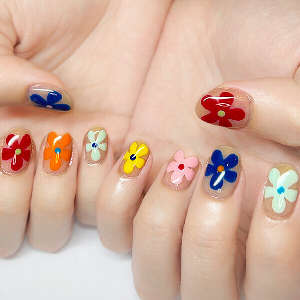 NURU NAIL 個性派手描きアートネイル ブルー&times;イエロー&times;レッド&times;オレンジ&times;ピンク