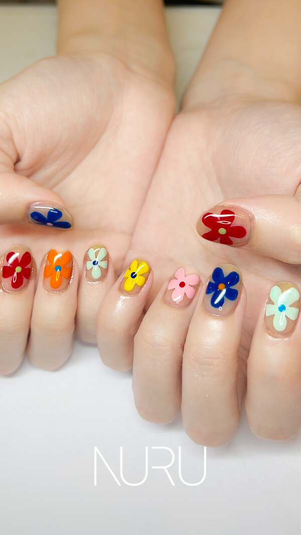 NURU NAIL 個性派手描きアートネイル ブルー&times;イエロー&times;レッド&times;オレンジ&times;ピンク