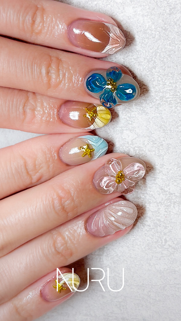 NURU NAIL カラフルネイル ピンク&times;ベージュ&times;ブルー フレンチ&times;3D&times;手描きアート